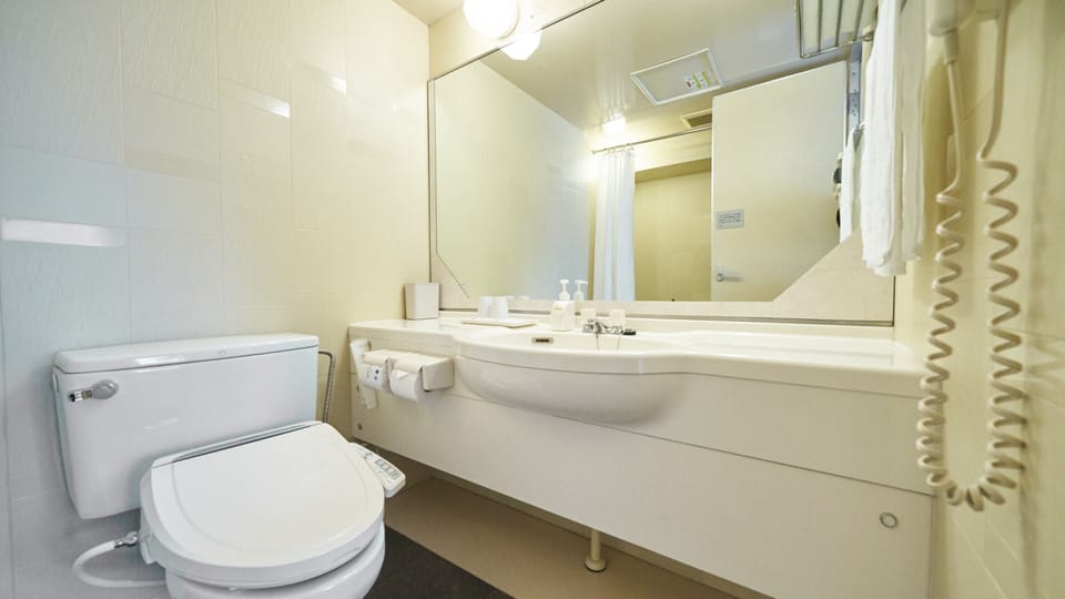Combined shower/tub, slippers, electronic bidet, towels
