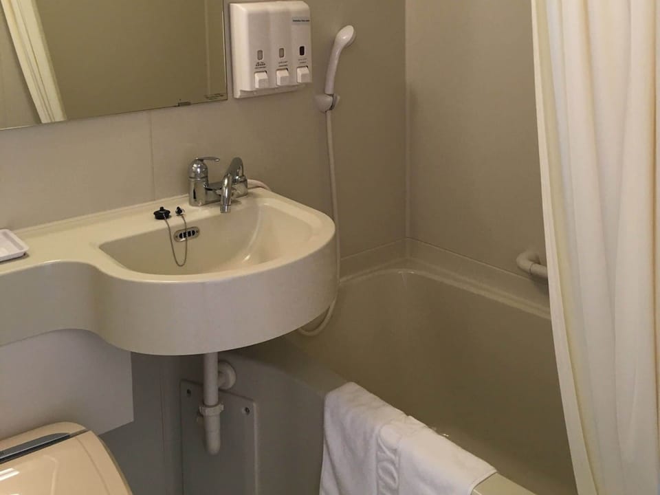 Combined shower/tub, slippers, electronic bidet, towels