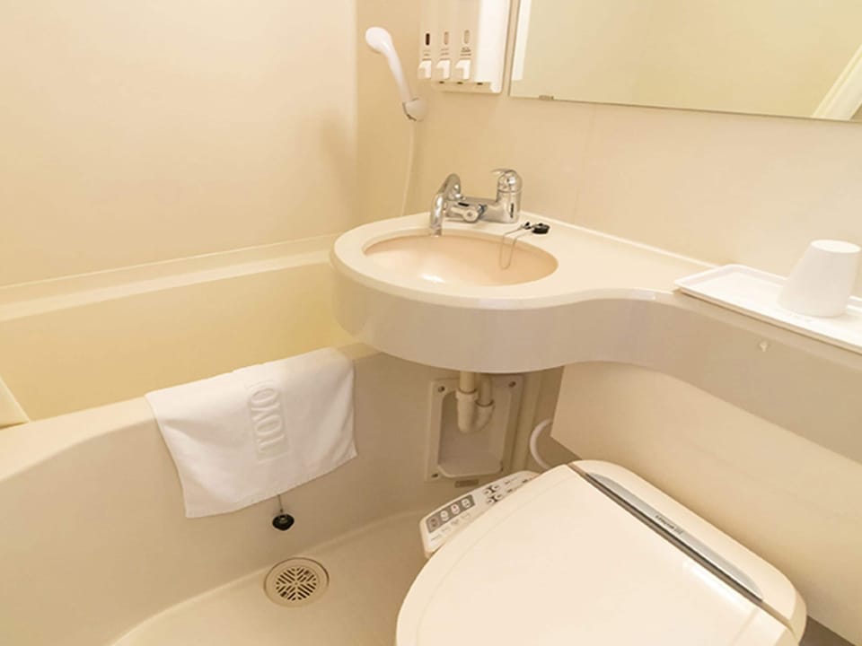 Combined shower/tub, slippers, bidet, towels