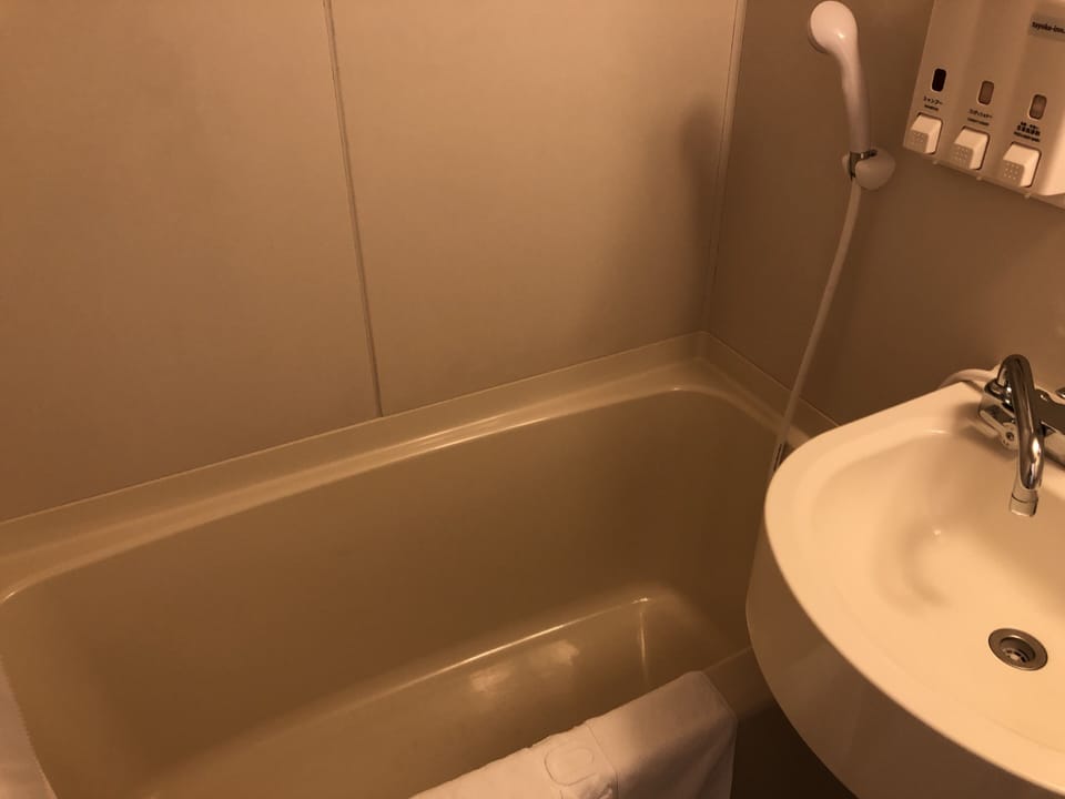 Combined shower/tub, slippers, electronic bidet, towels