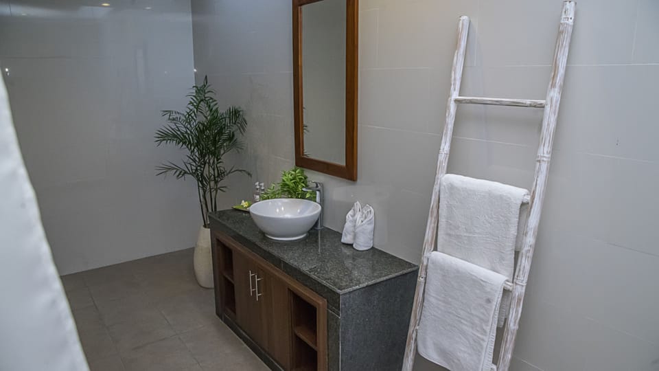 Shower, free toiletries, hair dryer, towels
