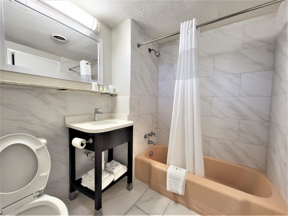 Combined shower/tub, free toiletries, hair dryer, towels