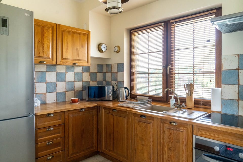 Full-size fridge, cleaning supplies, paper towels
