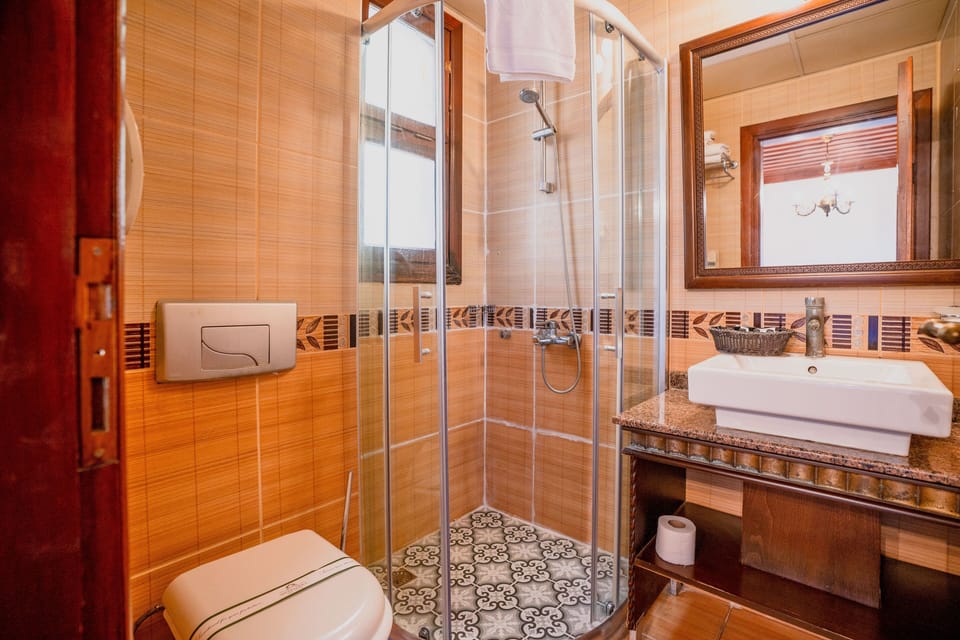Shower, free toiletries, hair dryer, slippers