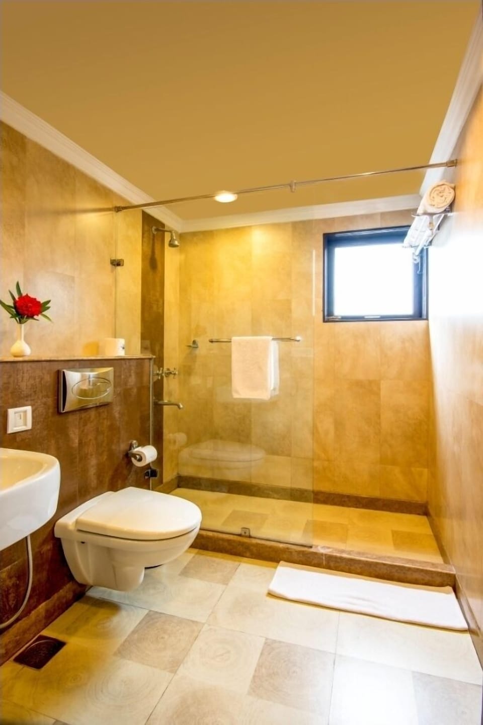 Shower, rainfall showerhead, designer toiletries, hair dryer