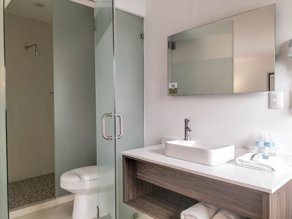Shower, free toiletries, hair dryer, towels