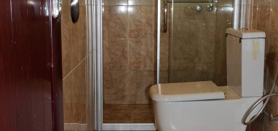 Shower, hair dryer, slippers, towels