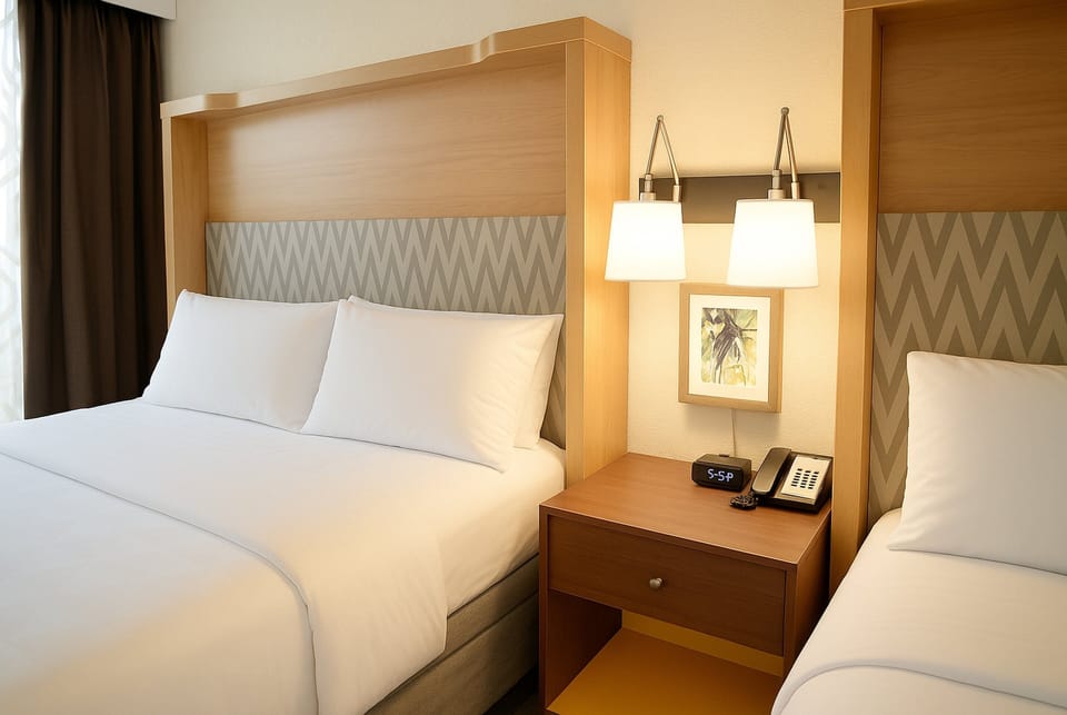 Hypo-allergenic bedding, desk, blackout drapes, iron/ironing board