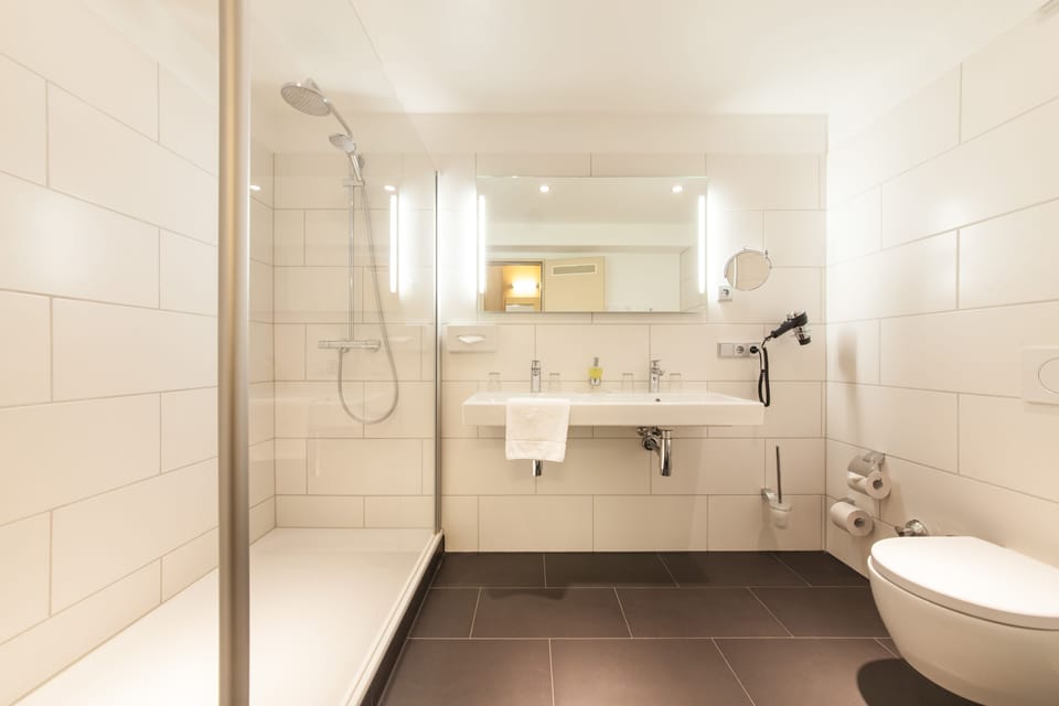 Shower, free toiletries, hair dryer, towels