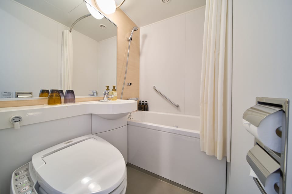 Eco-friendly toiletries, hair dryer, slippers, bidet