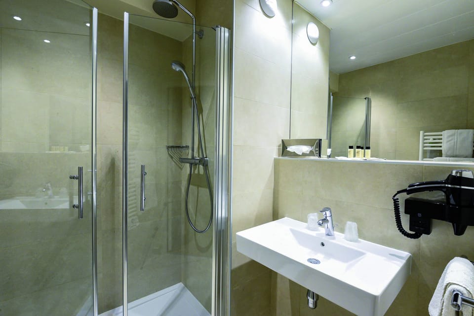 Shower, hair dryer, towels