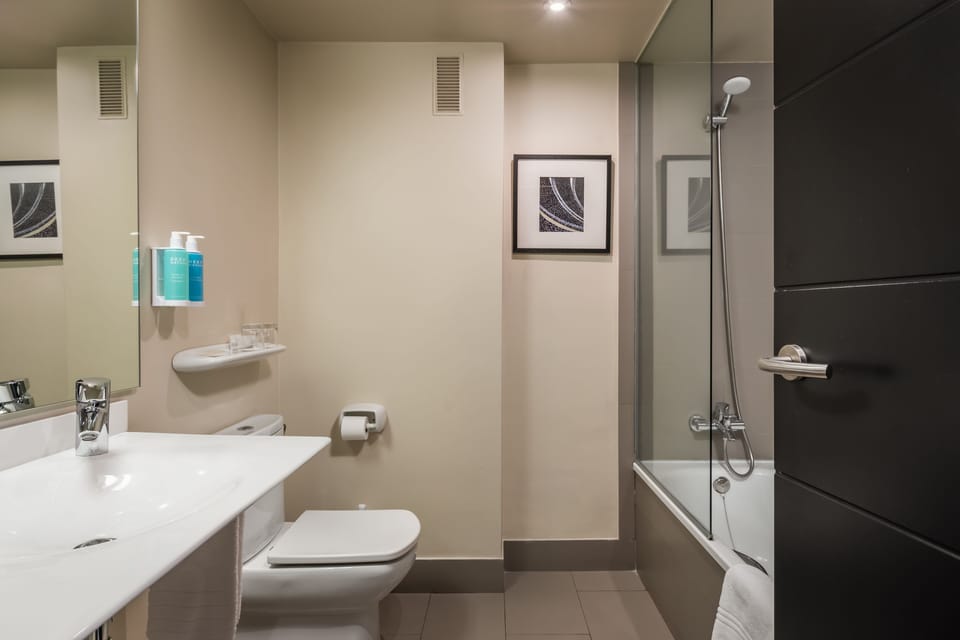 Combined shower/tub, free toiletries, hair dryer, bidet