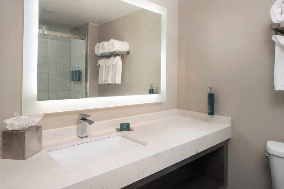 Shower, free toiletries, hair dryer, towels
