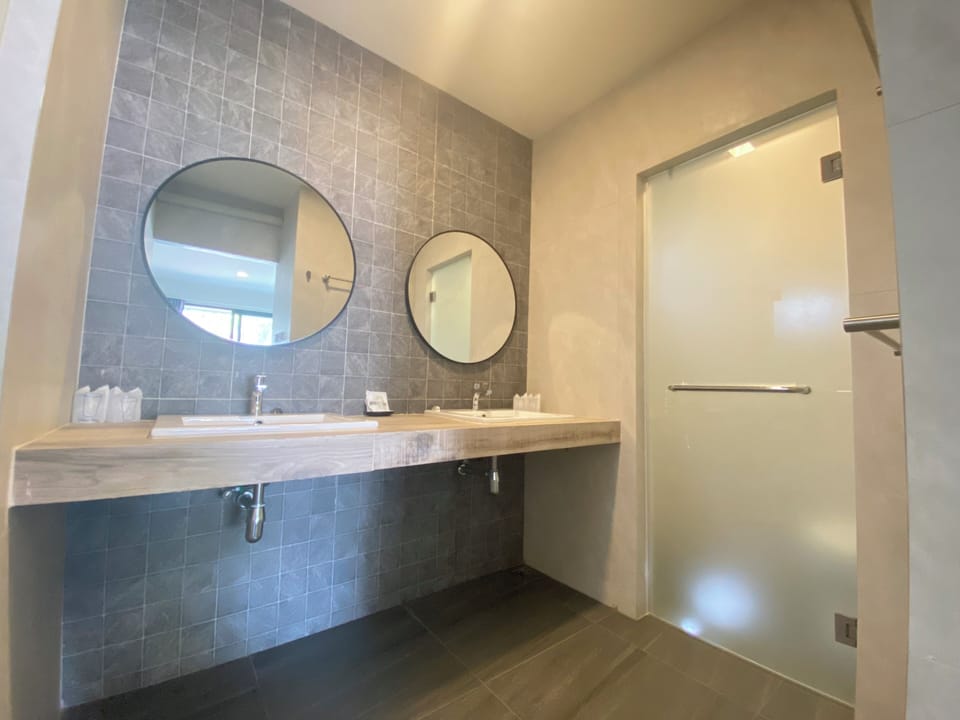 Combined shower/tub, free toiletries, towels, soap