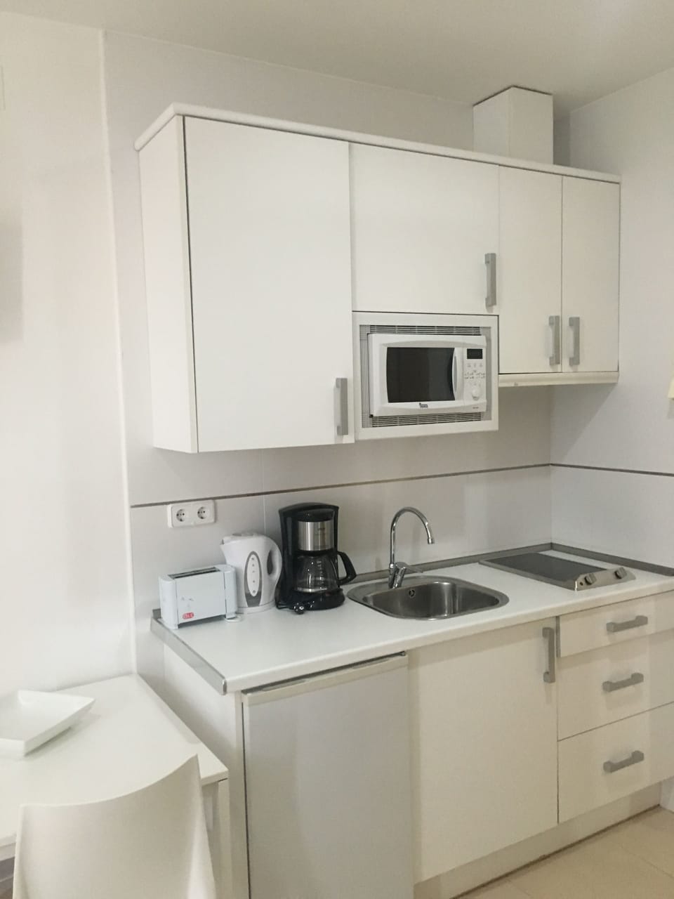 Microwave, stovetop, coffee/tea maker, electric kettle