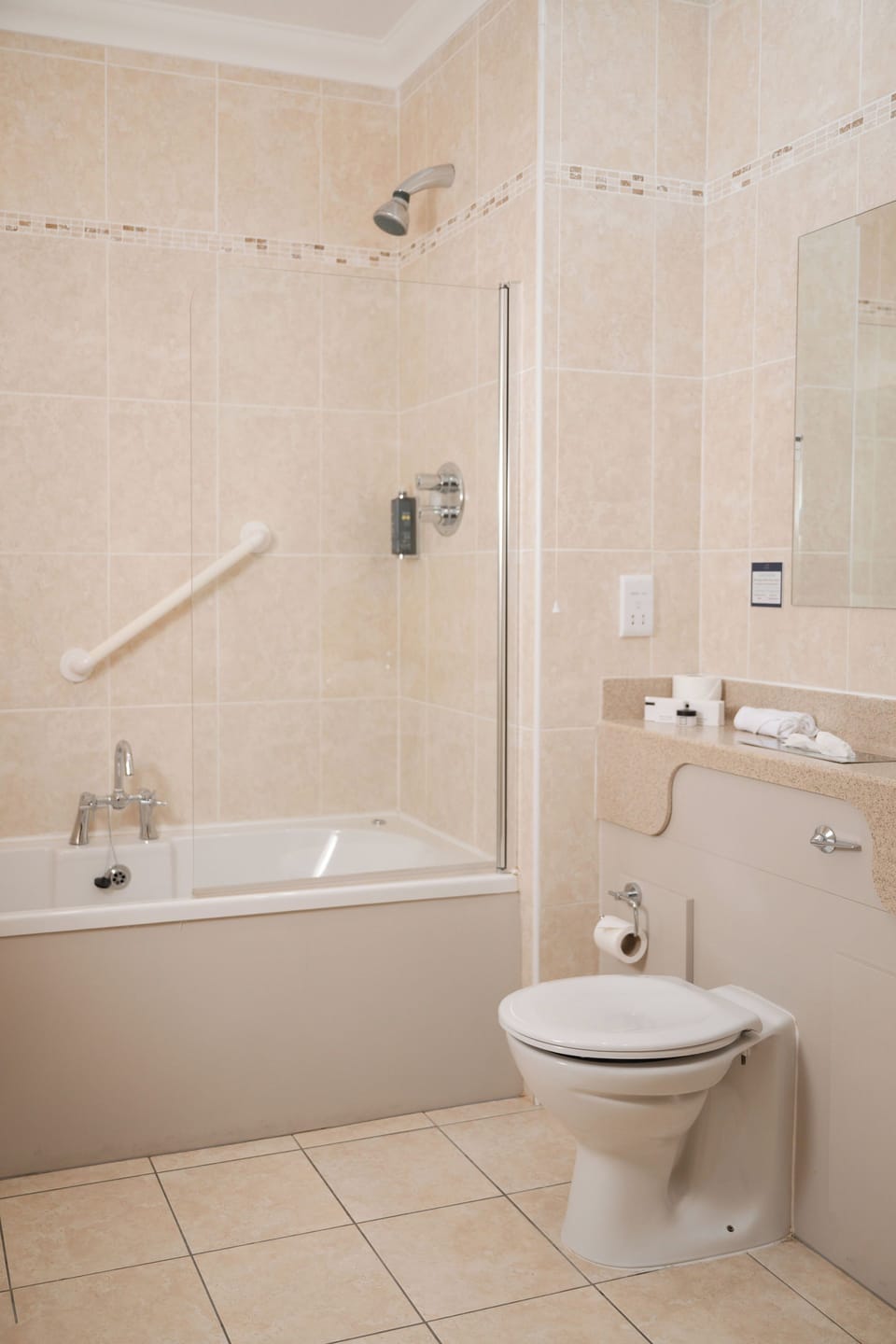 Accessible Double/ Twin/ Family | Bathroom | Hair dryer, towels, soap, shampoo