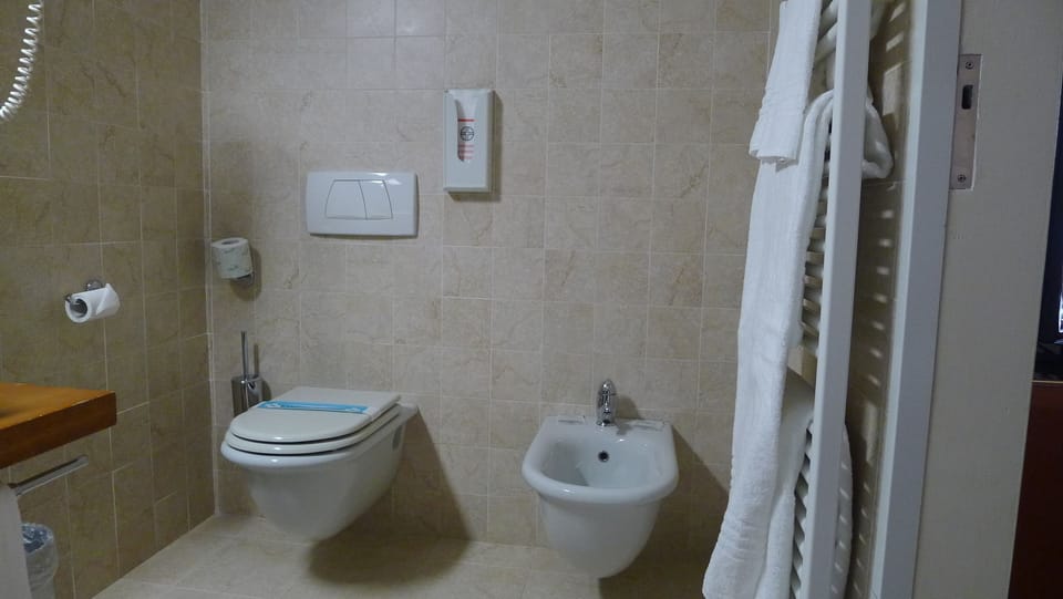 Shower, rainfall showerhead, free toiletries, hair dryer