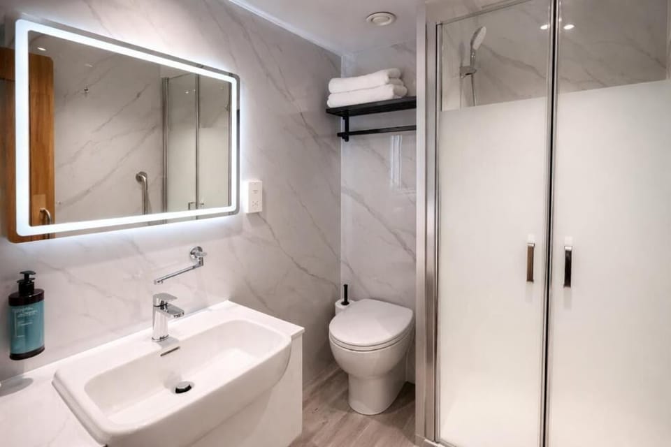 Shower, hair dryer, towels