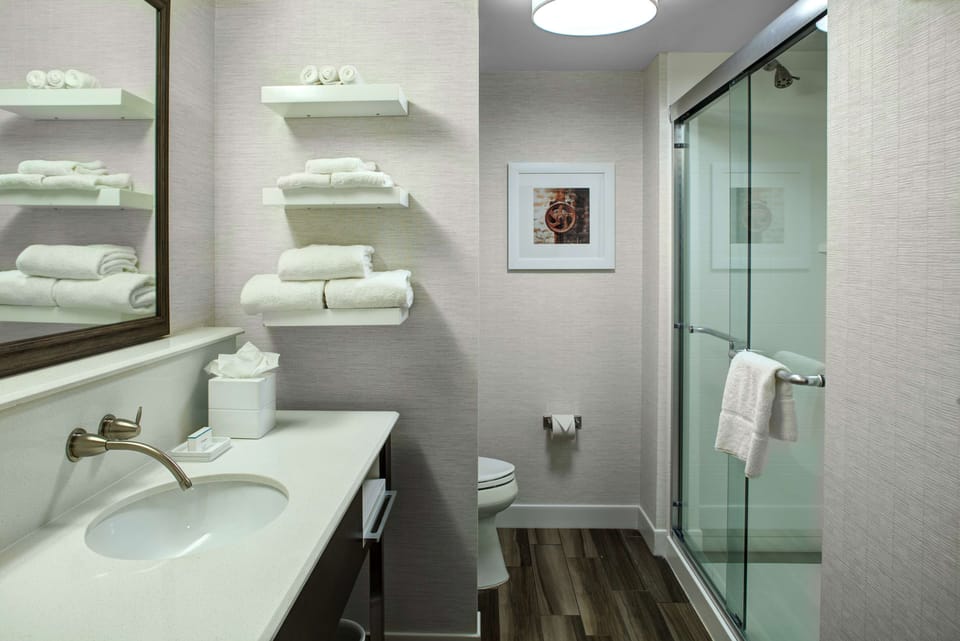 Combined shower/tub, free toiletries, hair dryer, towels