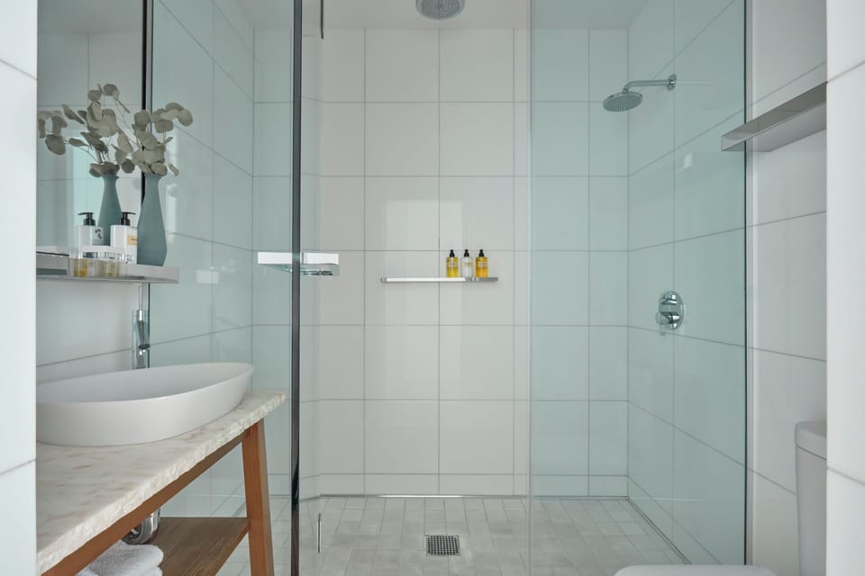 Shower, eco-friendly toiletries, hair dryer, bathrobes