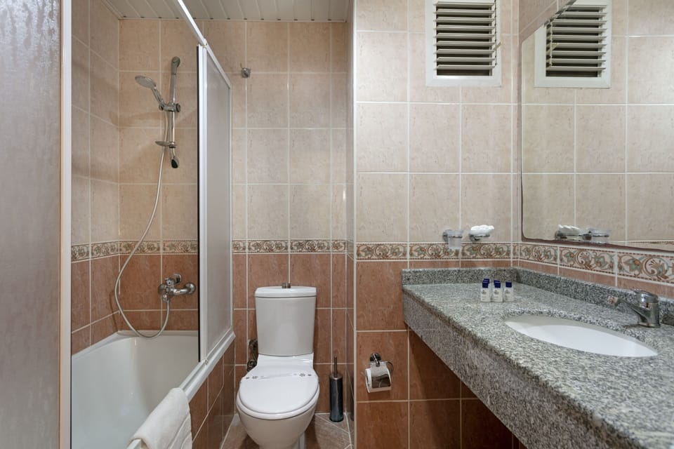 Combined shower/tub, free toiletries, hair dryer, slippers