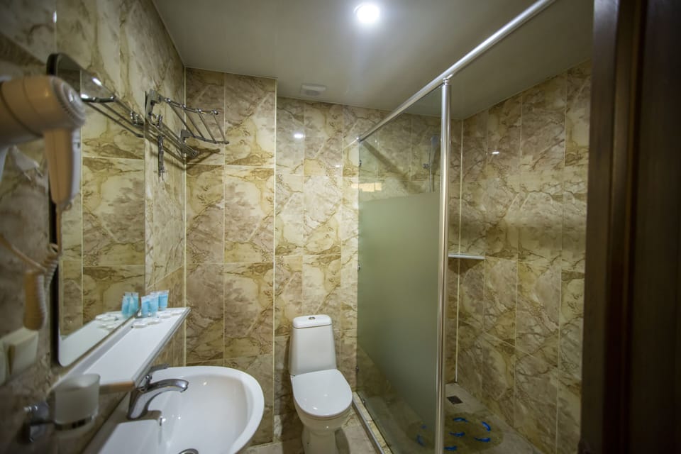 Shower, free toiletries, hair dryer, bathrobes