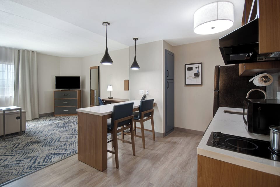 Full-size fridge, microwave, stovetop, dishwasher