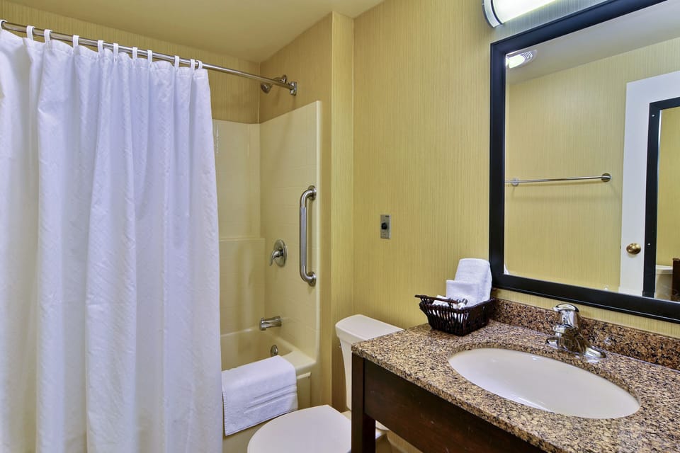 Combined shower/tub, free toiletries, hair dryer, towels