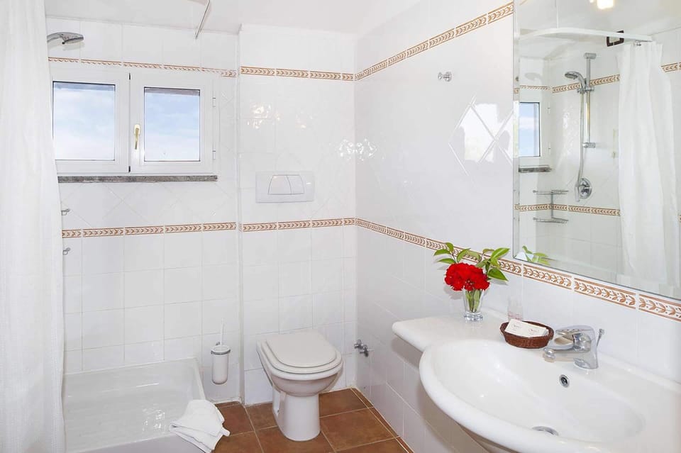 Combined shower/tub, free toiletries, hair dryer, slippers