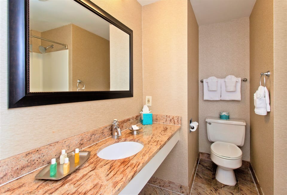 Balcony Queen | Bathroom | Combined shower/tub, designer toiletries, hair dryer, bathrobes