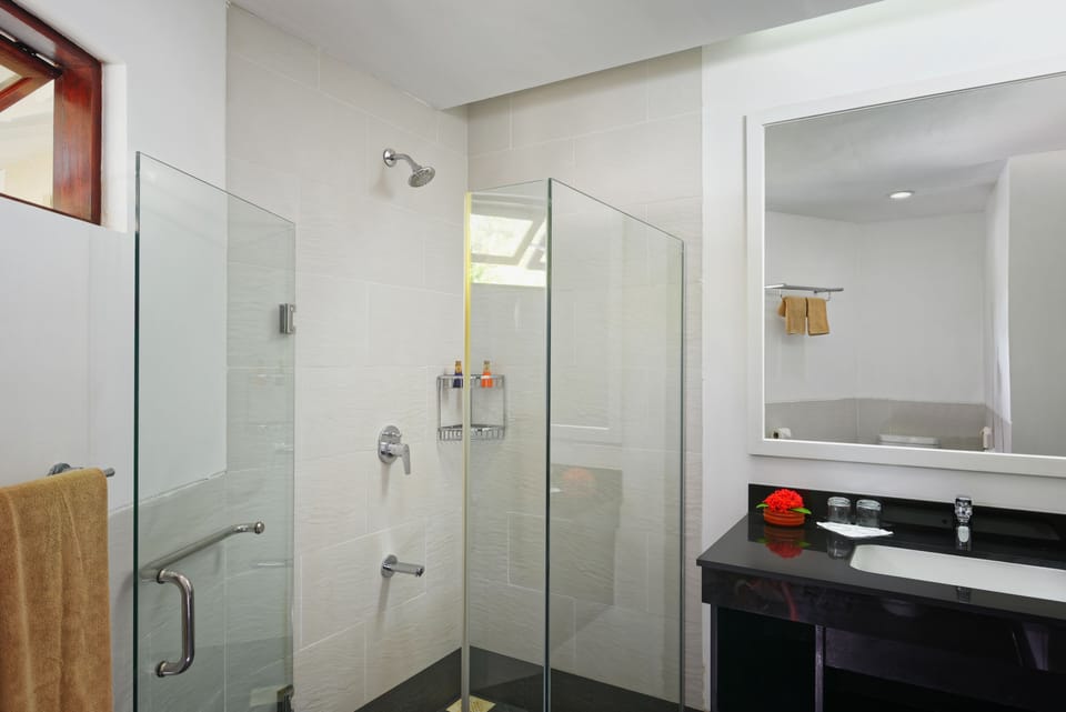 Shower, rainfall showerhead, free toiletries, hair dryer
