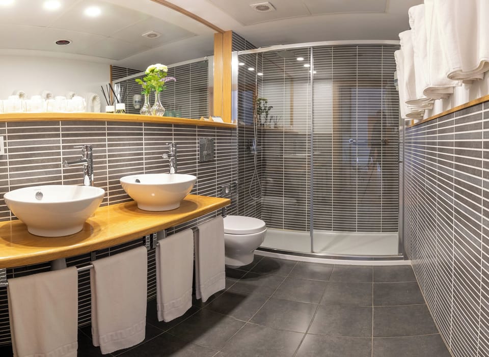 Shower, free toiletries, hair dryer, towels
