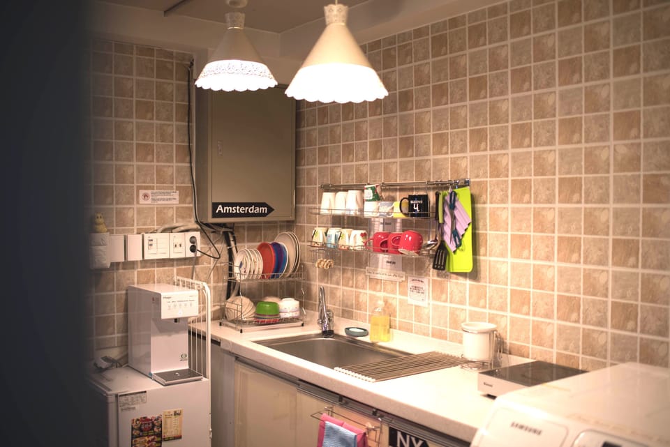 Fridge, microwave, cookware/dishes/utensils