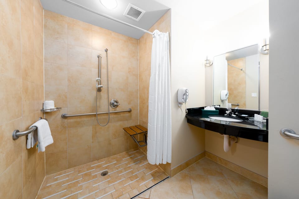 Combined shower/tub, free toiletries, hair dryer, towels
