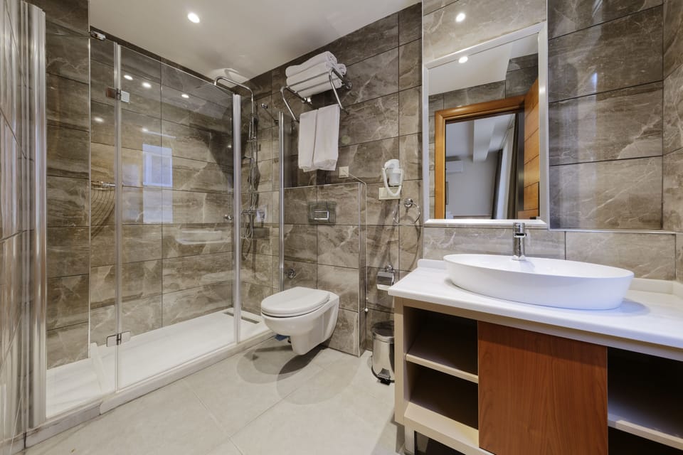 Shower, free toiletries, hair dryer, slippers