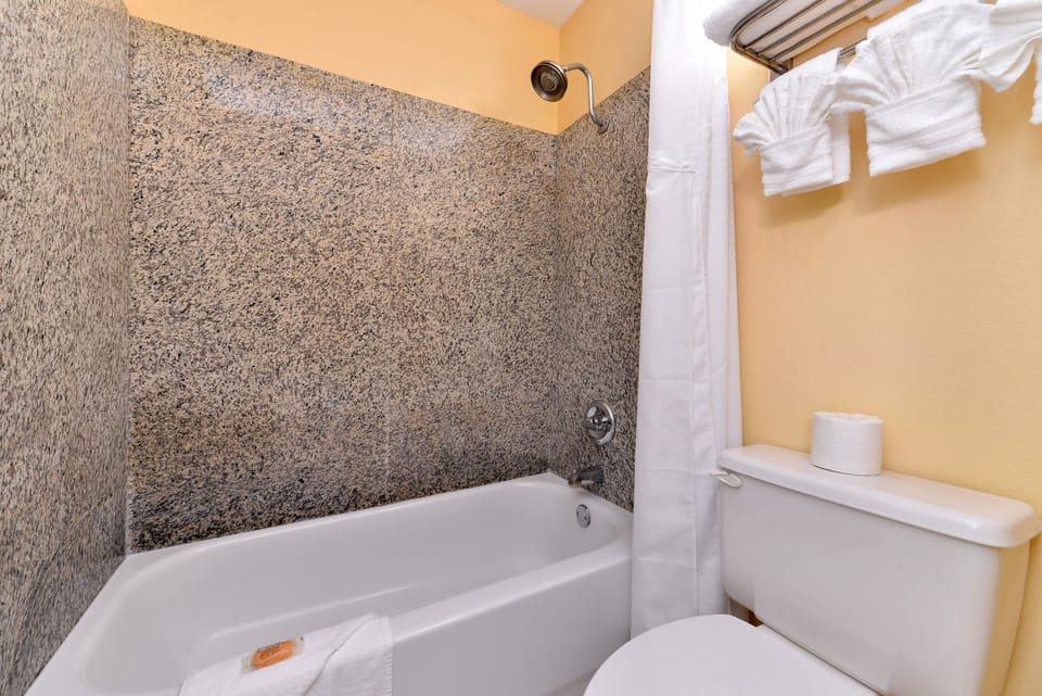 Bathtub, free toiletries, hair dryer, towels