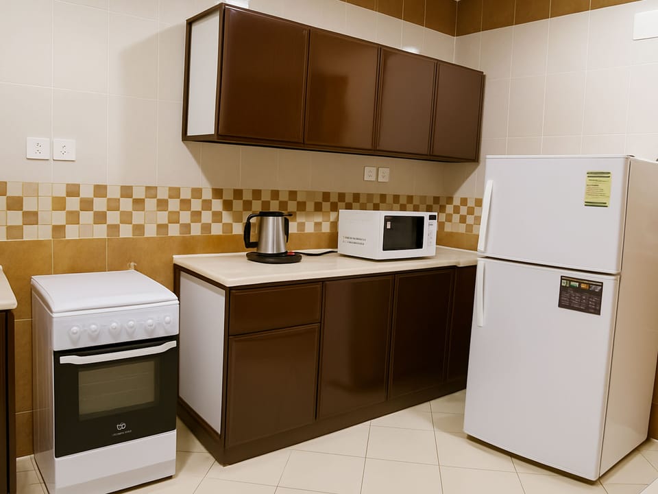 Fridge, microwave (on request), oven, stovetop
