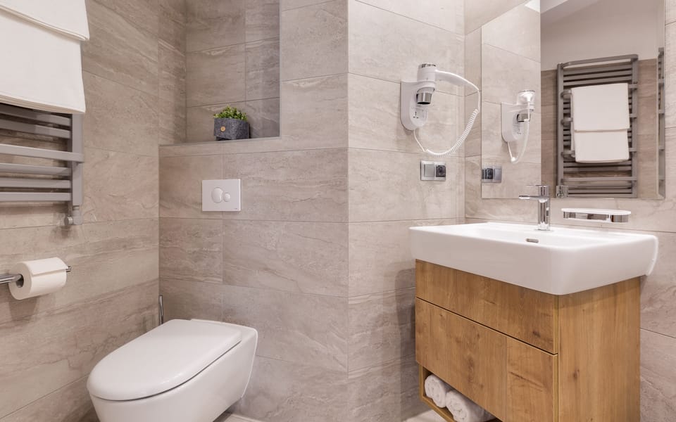 Shower, free toiletries, hair dryer, towels
