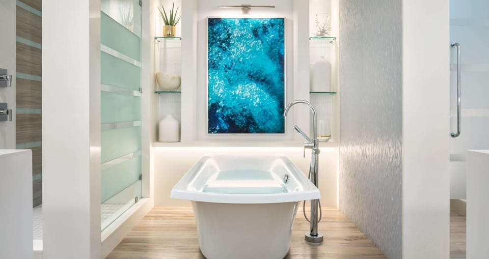 Separate tub and shower, deep soaking tub, designer toiletries