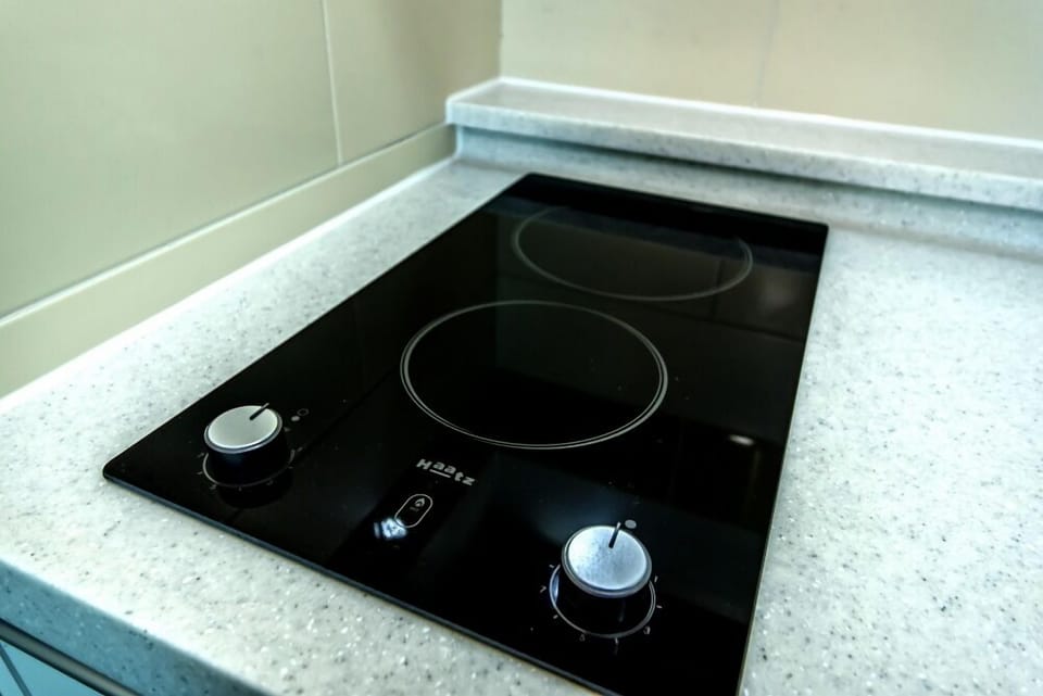 Fridge, microwave, stovetop, electric kettle