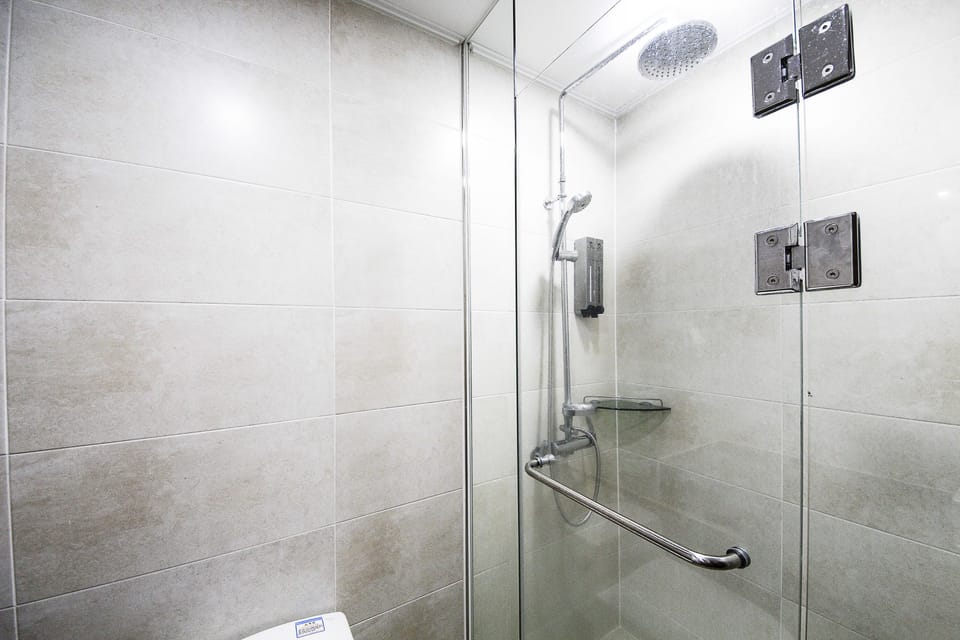 Shower, free toiletries, slippers, towels