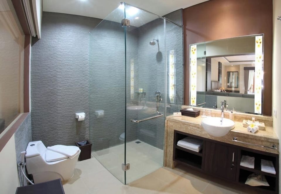 Shower, free toiletries, hair dryer, bathrobes