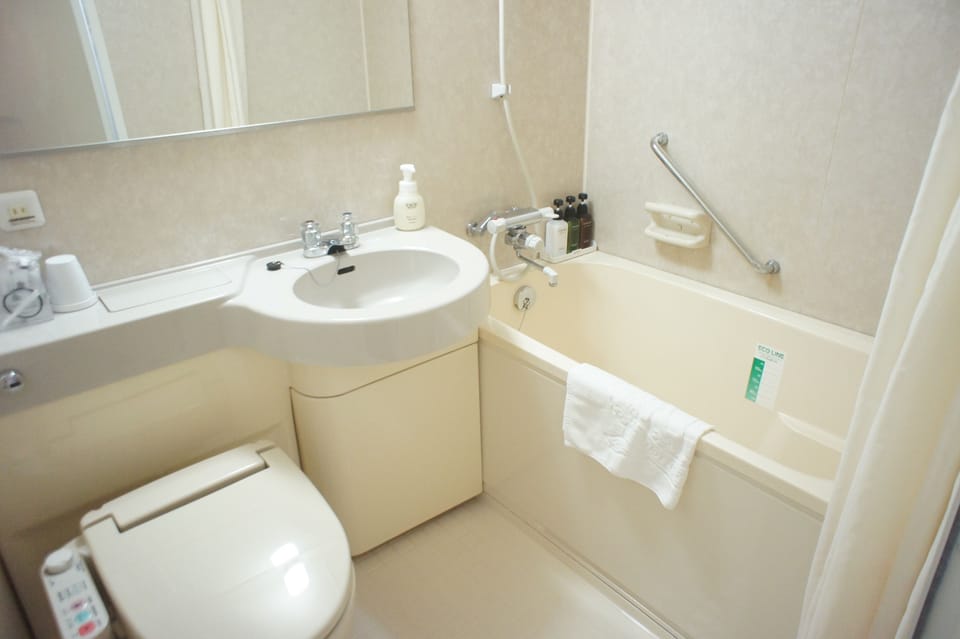 Combined shower/tub, free toiletries, hair dryer, slippers