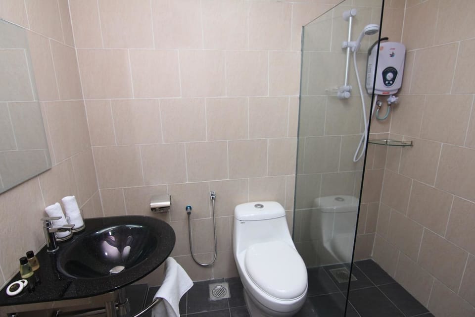 Shower, free toiletries, hair dryer, towels