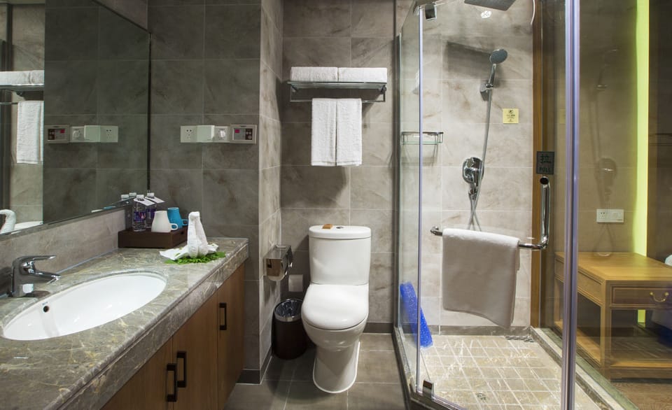 Shower, free toiletries, hair dryer, bathrobes
