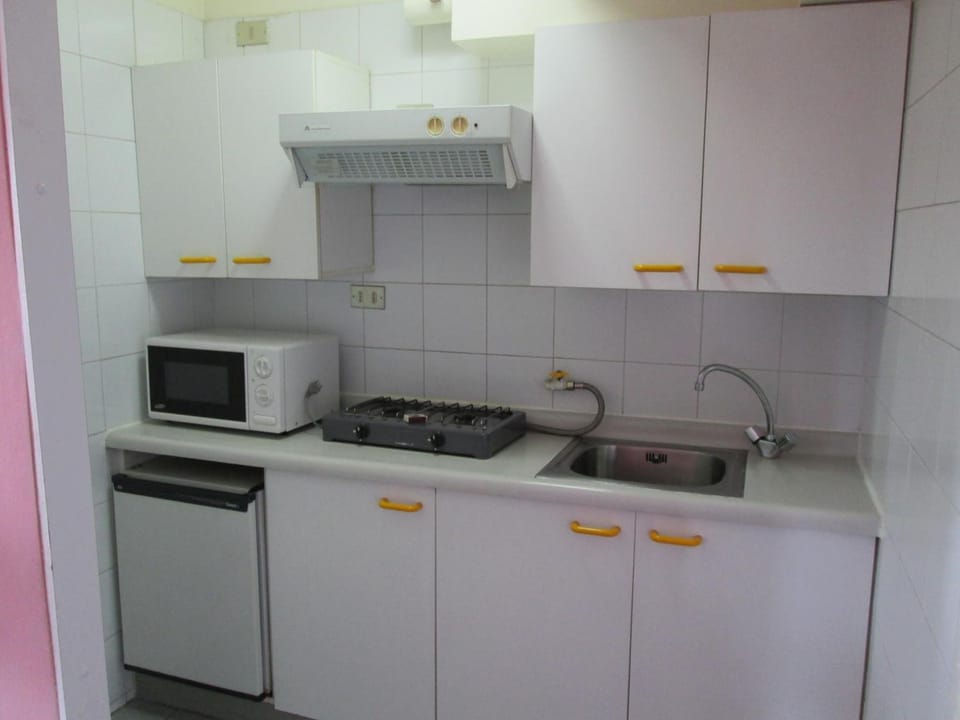 Mini-fridge, coffee/tea maker, cookware/dishes/utensils, paper towels