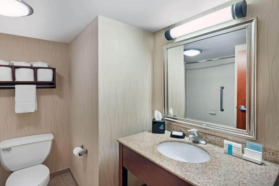 Hair dryer, towels, soap, shampoo