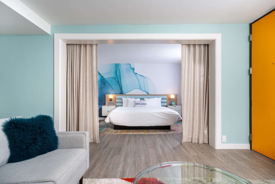 Memory foam beds, desk, laptop workspace, blackout drapes