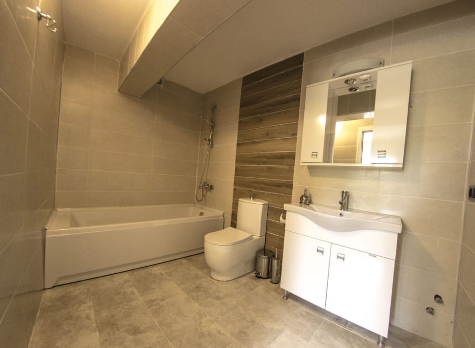 Combined shower/tub, deep soaking tub, rainfall showerhead, hair dryer