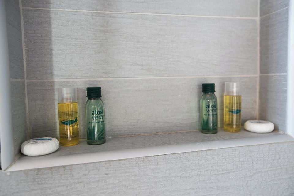 Shower, free toiletries, hair dryer, slippers